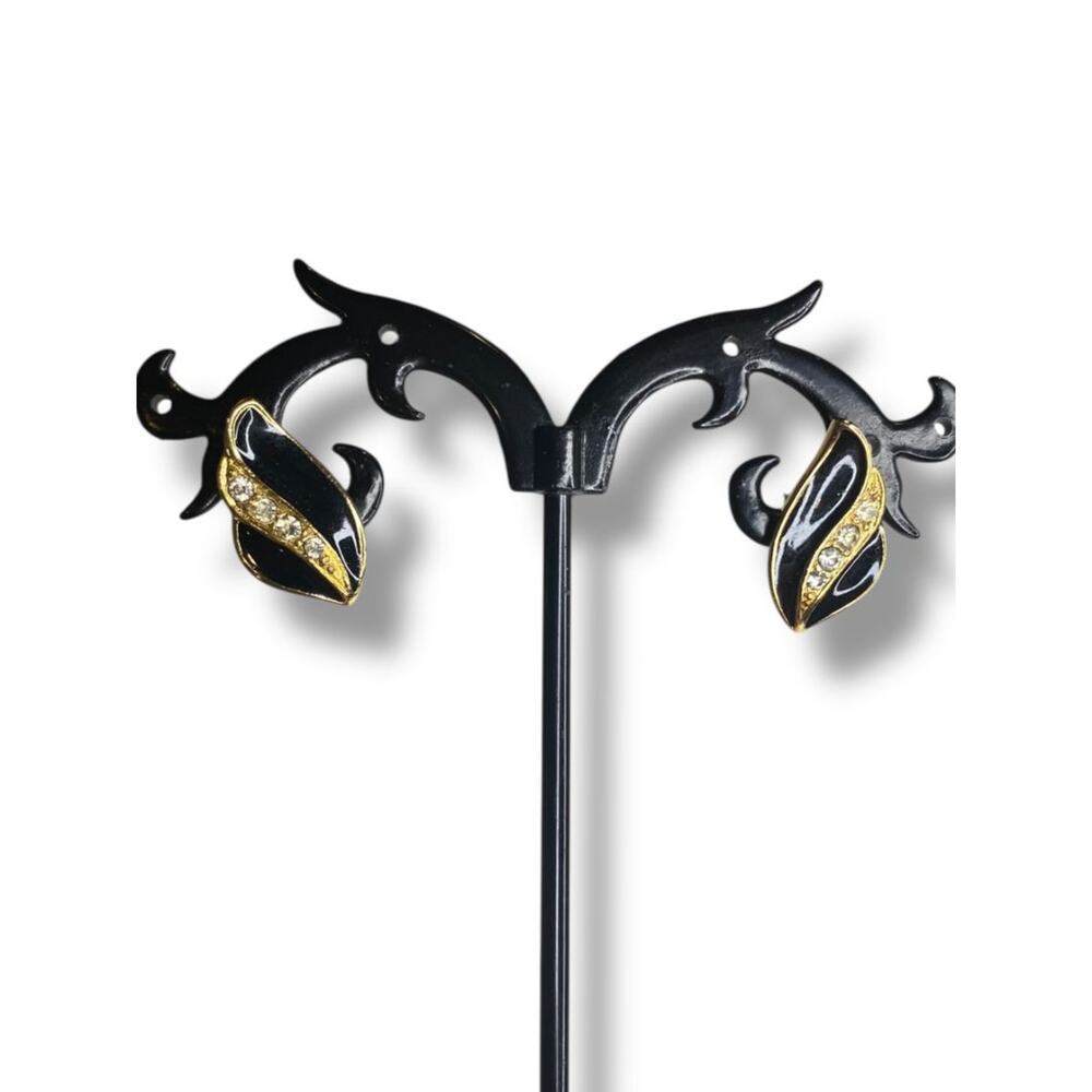 1980s 17mm Goldtone Black Post Pierced Earrings Rhinestone